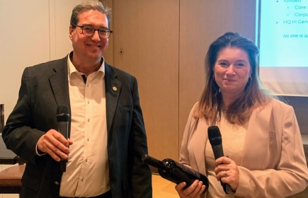 Charlotte Lindsey Curtet, Chief Communications Officer for the CyberPeace Institute, with our President, Hansjörg Eberle